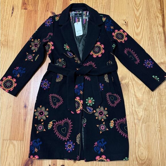 NWT Emily Lovelock Deborah Coat Black Embroidered Floral Love Size SM Wool Blend - Picture 6 of 16